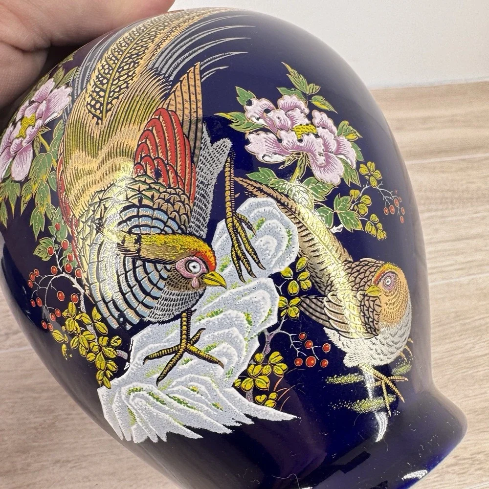 Vintage Japan Cobalt Blue‎ Gold Pheasant Floral Lidded Ginger Jar Urn